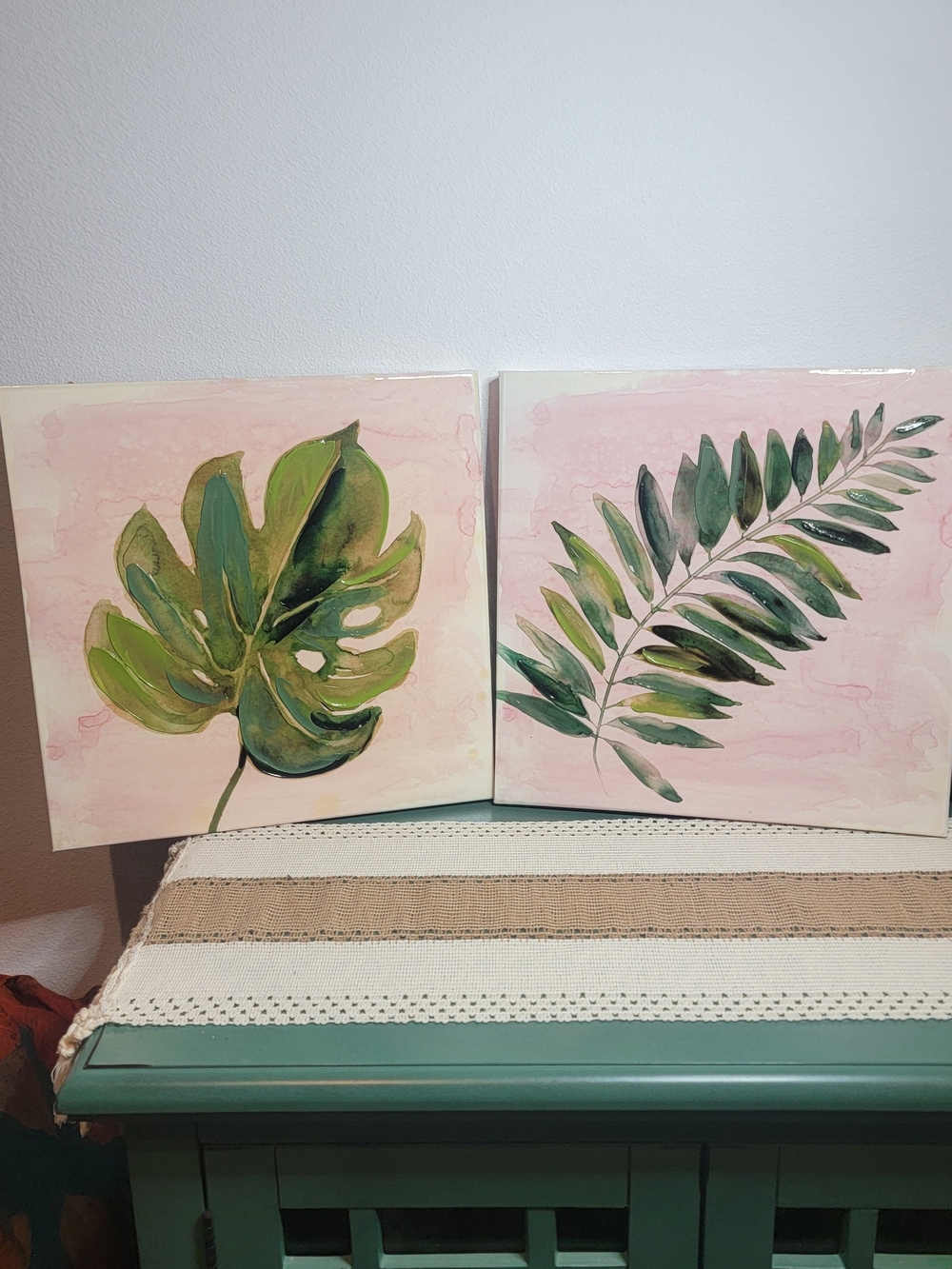 Hobby Lobby Tropical Blush Collection 2pc Tropical Leaf Print Wall Decor 16x16